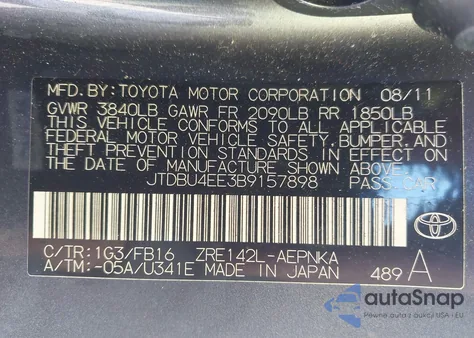 2011 Toyota Corolla Le из США, поврежденный, VIN JTDBU4EE3B9157898